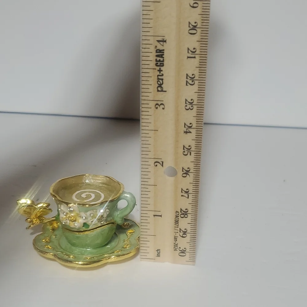 Green and Gold Teacup Trinket Box With Butterfly Spoon Accent - Picture 8 of 8